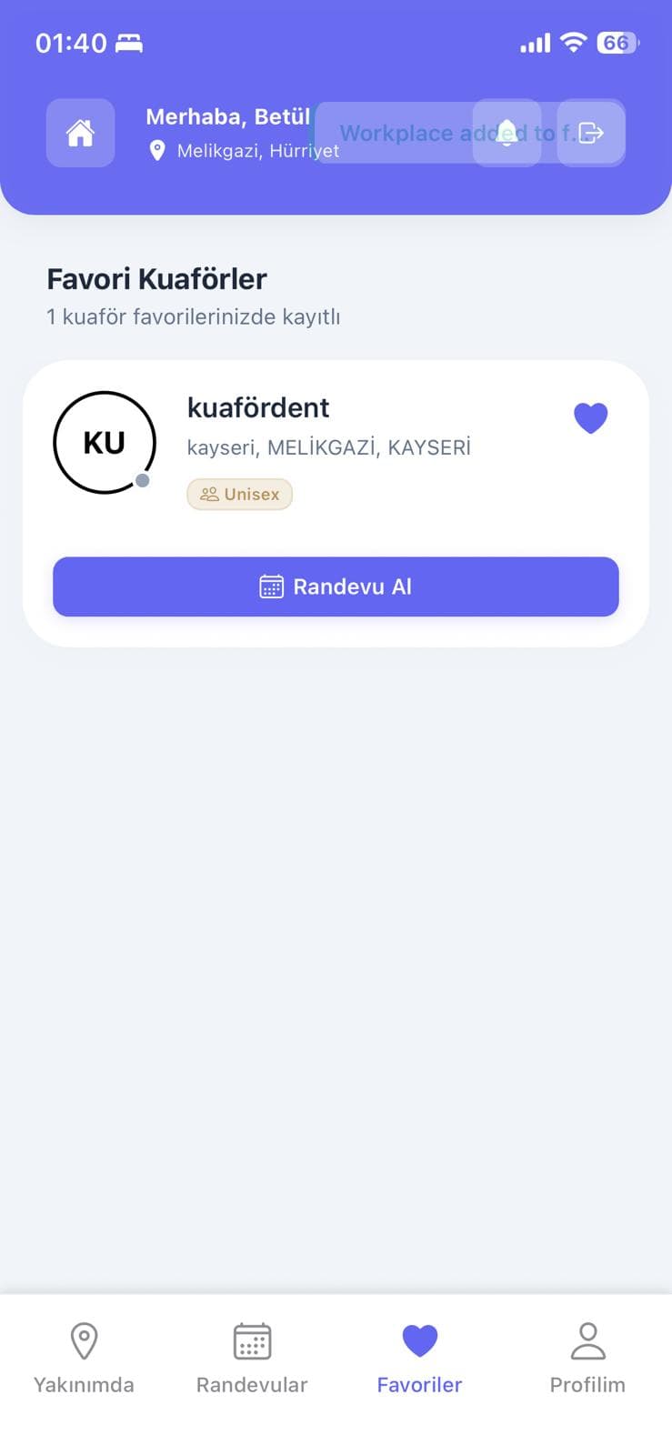 Kuafrand favori kuaförler ekranı