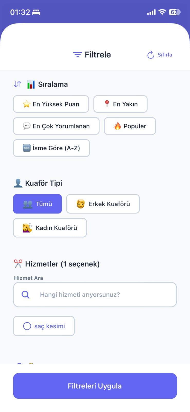 Kuafrand kuaför filtreleme ekranı