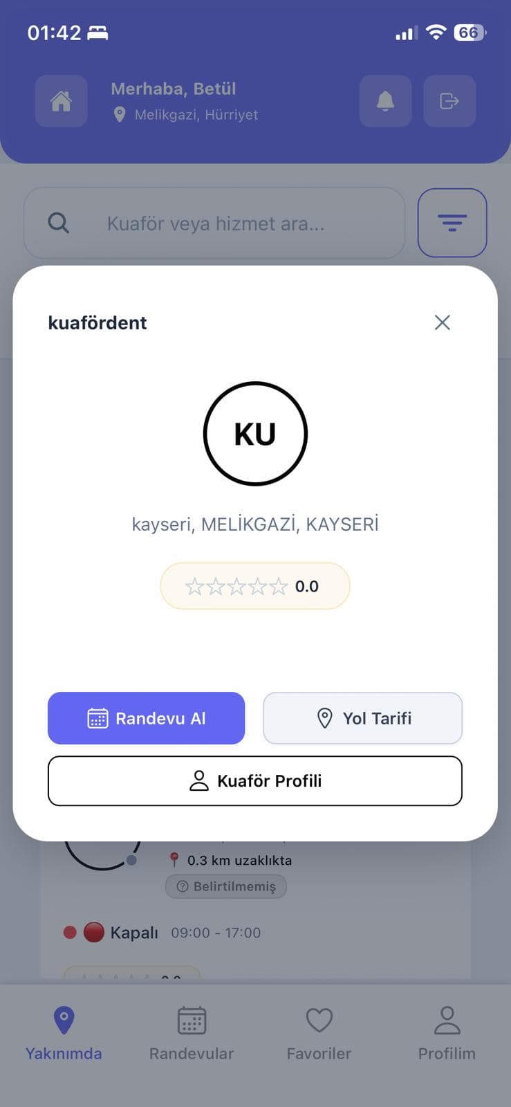 Kuafrand salon seçim modal ekranı