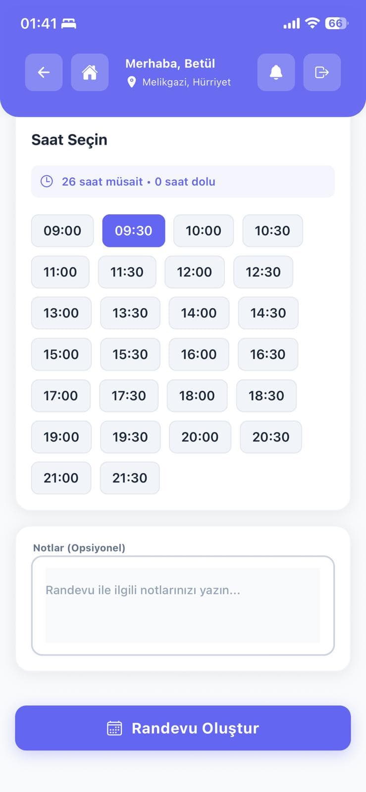 Kuafrand randevu saati seçim ekranı