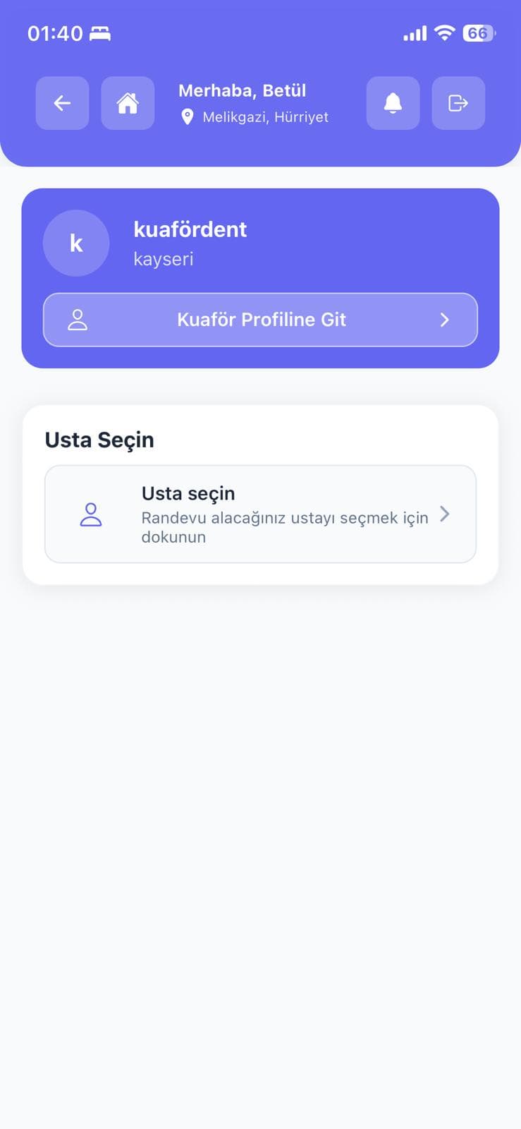 Kuafrand randevu için usta seçim ekranı